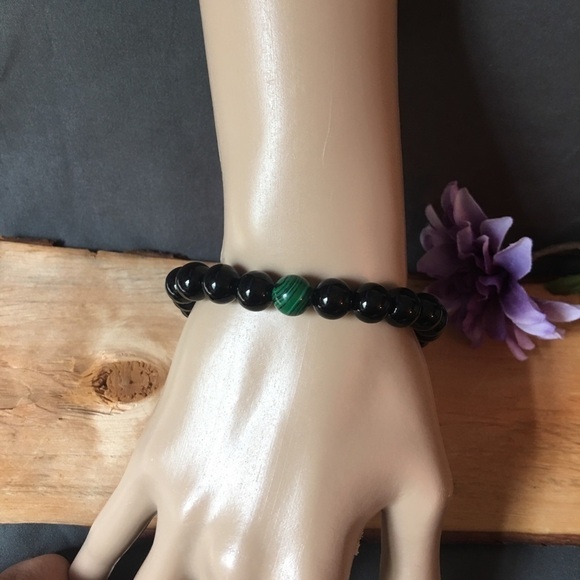Couples bracelet set black jasper and malachite  beaded bracelet - Picture 4 of 7